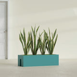 Tiergarden Railing fiberglass planter in Satin Seafoam Green, shown planted, in a sunlit interior