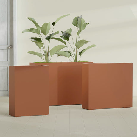 Amesbury Narrow Rectangular fiberglass planter in Matte Terra Cotta, size range, in a sunlit interior