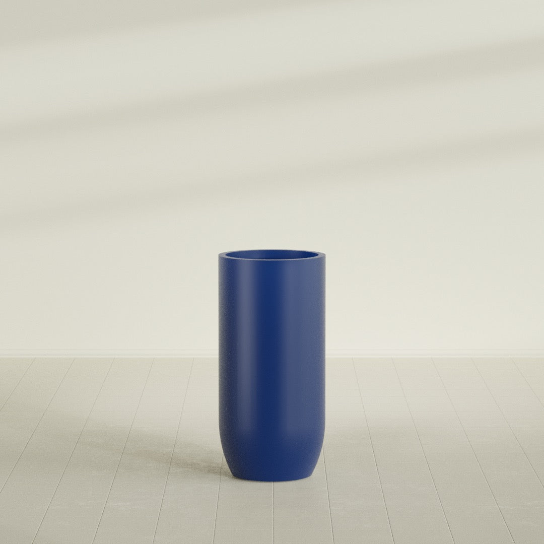Saint Tropez Bullet Round Planter in Matte Cobalt Blue, 24"D × 50"H, shown empty