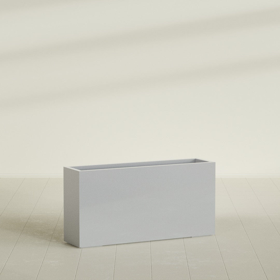 Hollywood Narrow Rectangular Planter in Metallic Silver, 48"L × 12"D × 24"H, shown empty