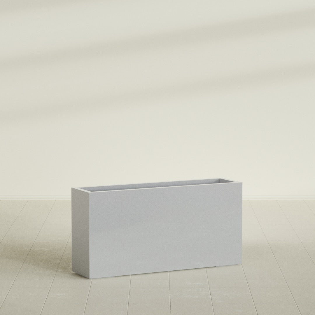 Hollywood Narrow Rectangular Planter in Metallic Silver, 48"L × 12"D × 24"H, shown empty