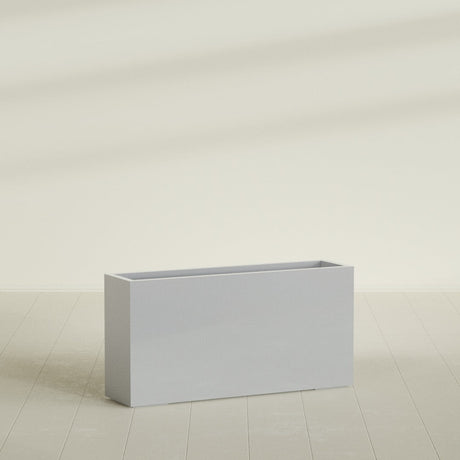 Hollywood Narrow Rectangular Planter in Metallic Silver, 48"L × 12"D × 24"H, shown empty