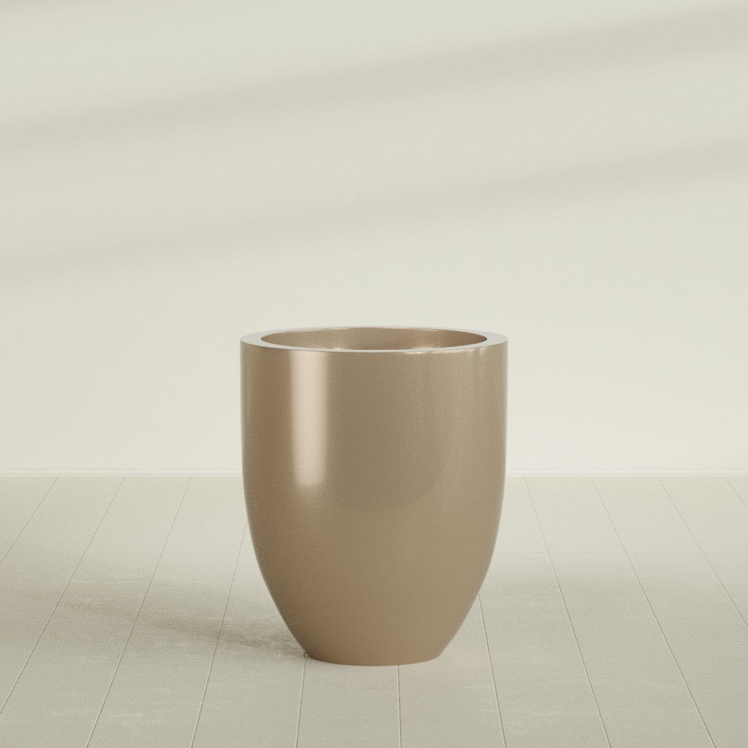 Valencia Tapered Round Planter in Gloss Metallic Gold, 27"D × 31"H, shown empty