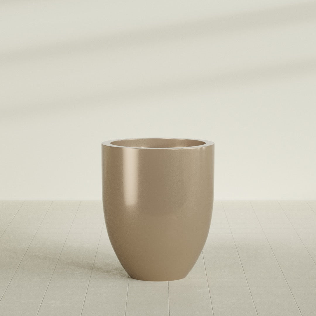 Valencia Tapered Round Planter in Gloss Metallic Gold, 27"D × 31"H, shown empty
