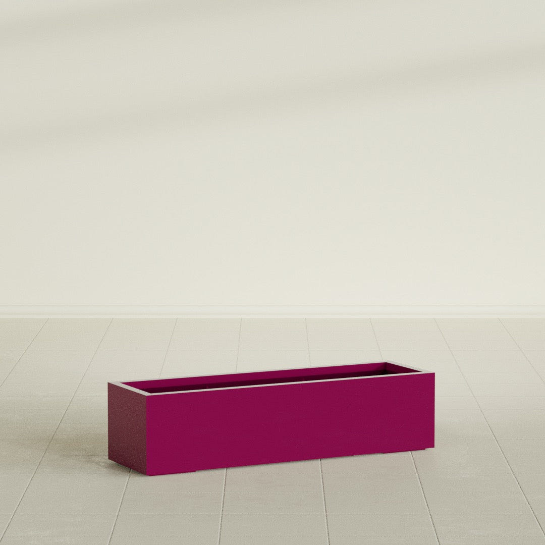 Cuba Low Rectangular Planter in Gloss Eggplant, 48"L × 14"D × 12"H, shown empty