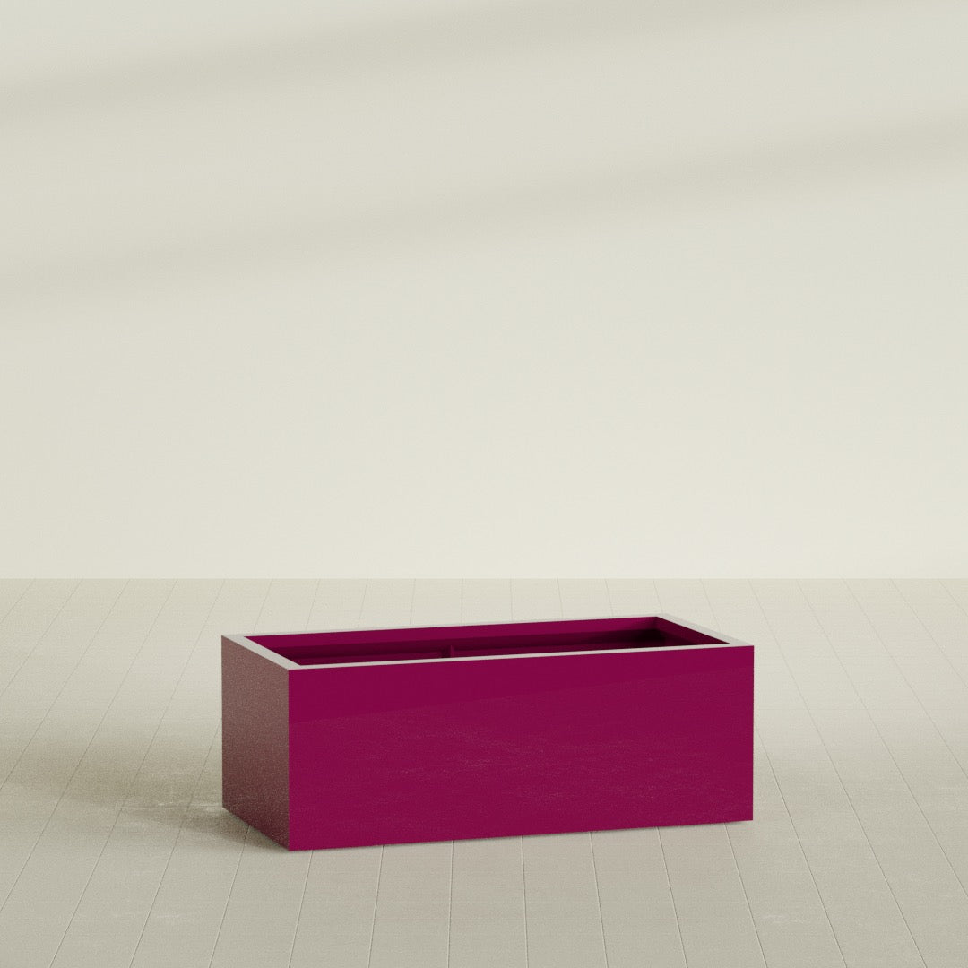 Torino Wide Rectangular Planter in Gloss Eggplant, 48"L × 24"D × 18"H, shown empty