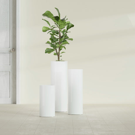 Corry Cylinder fiberglass planter in Gloss Bright White, size range, in a sunlit interior