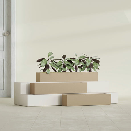 Salon Box fiberglass planter in Gloss Metallic Gold, size range, in a sunlit interior