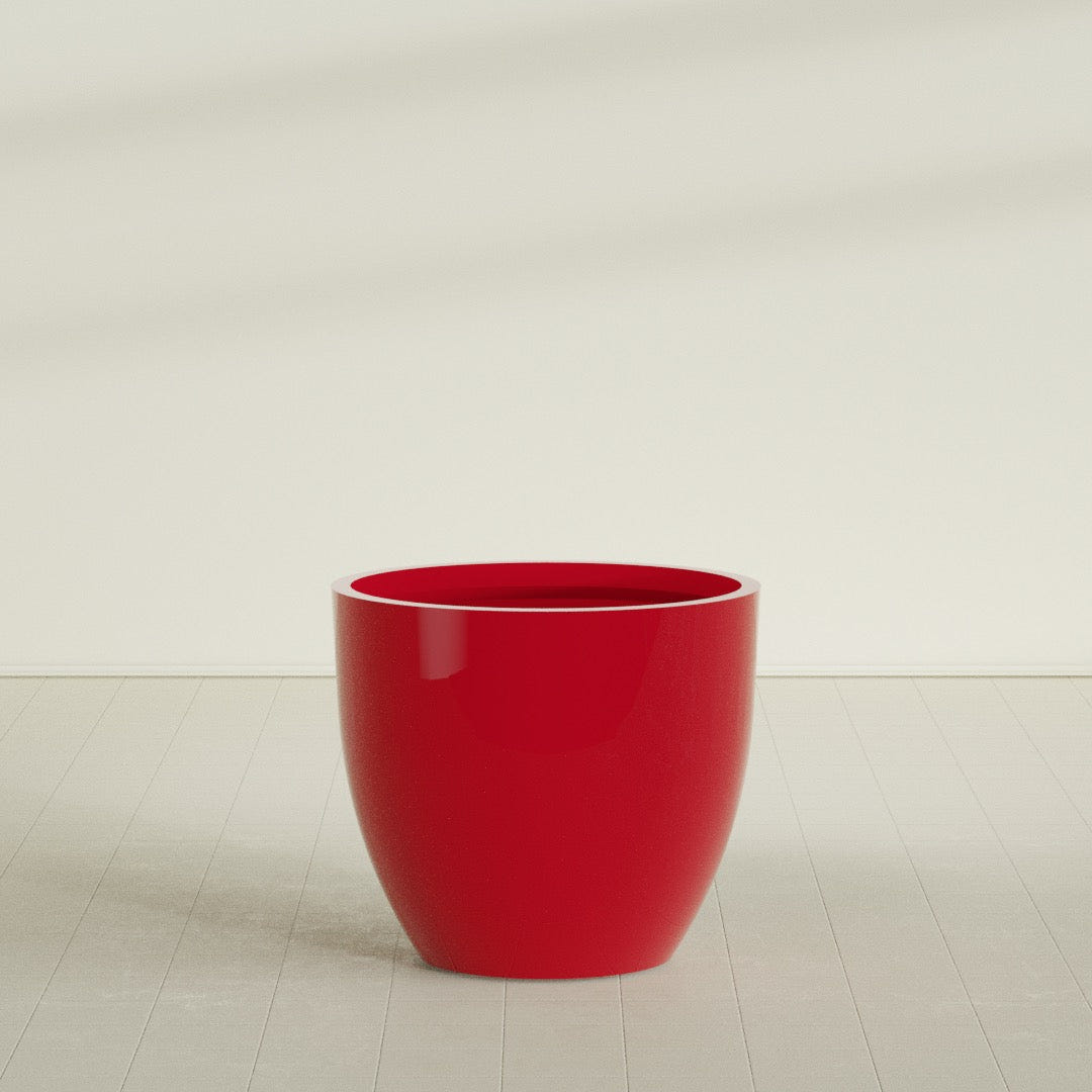 Wannsee Round Planter in Gloss Red, 44"D × 39"H, shown empty