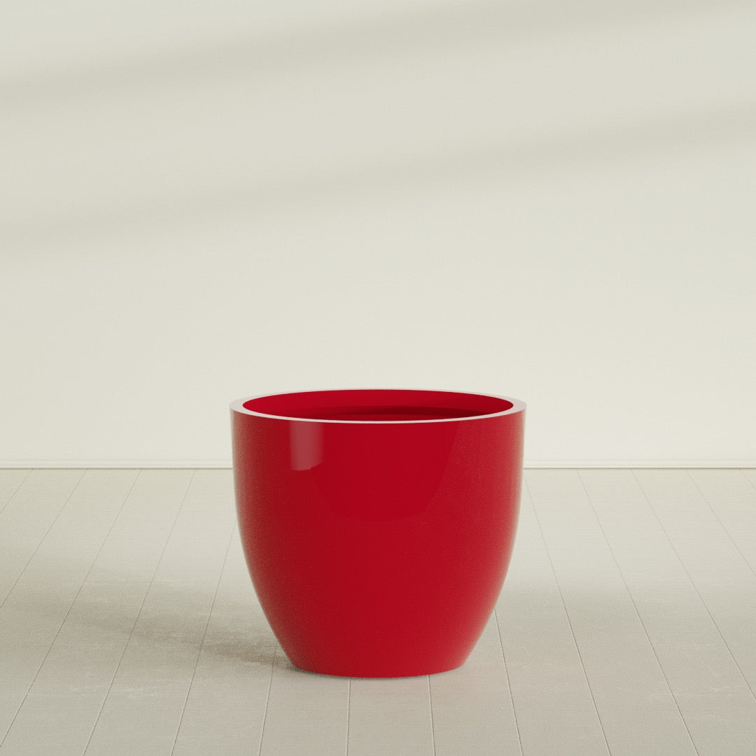 Wannsee Round Planter in Gloss Red, 44"D × 39"H, shown empty