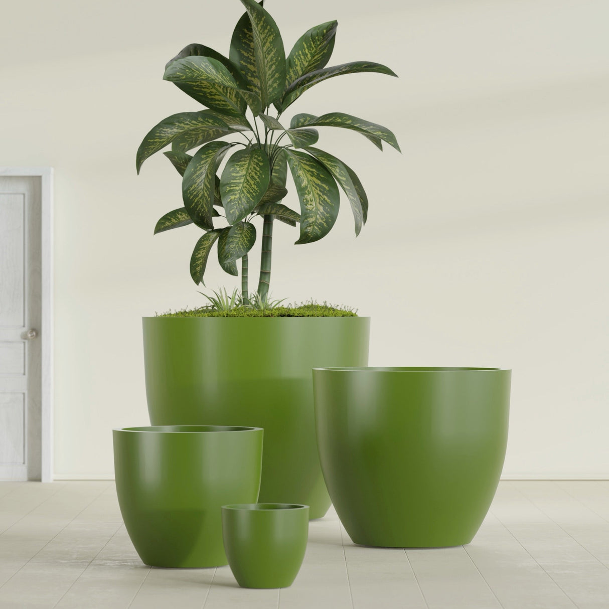 Wannsee Round fiberglass planter in Satin Green, size range, in a sunlit interior