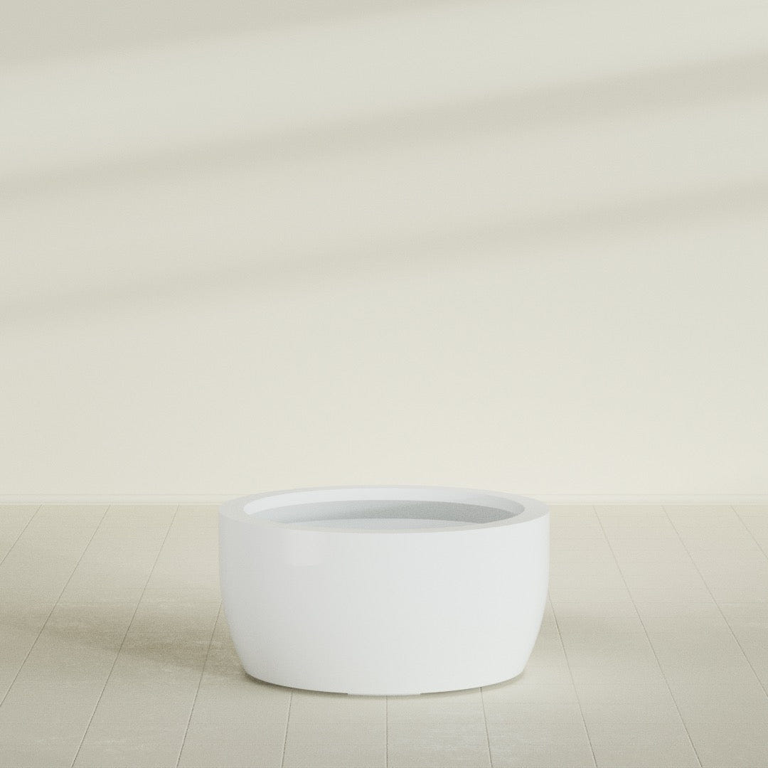 Casablanca Bowl Planter in Matte Bright White, 36"D × 18"H, shown empty