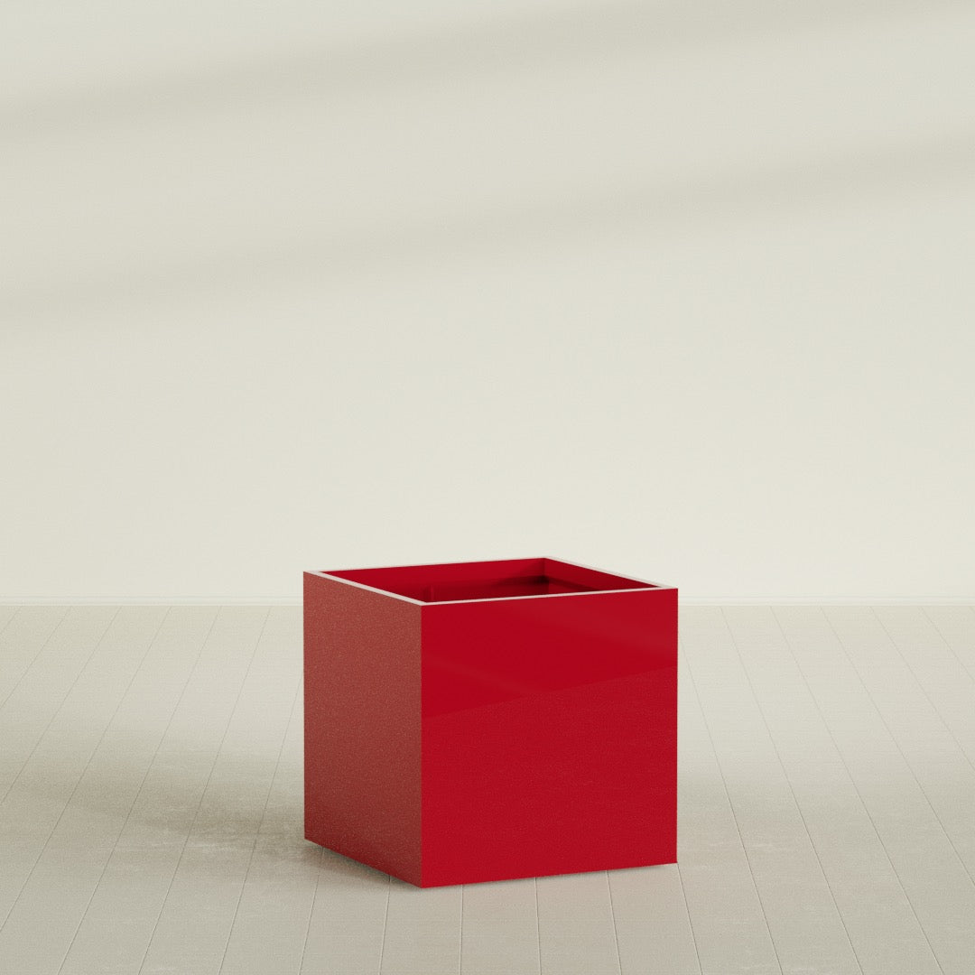 Montroy Cube Planter in Gloss Red, 36", shown empty