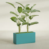 Tolga Rectangular fiberglass planter in Satin Seafoam Green, shown planted, in a sunlit interior