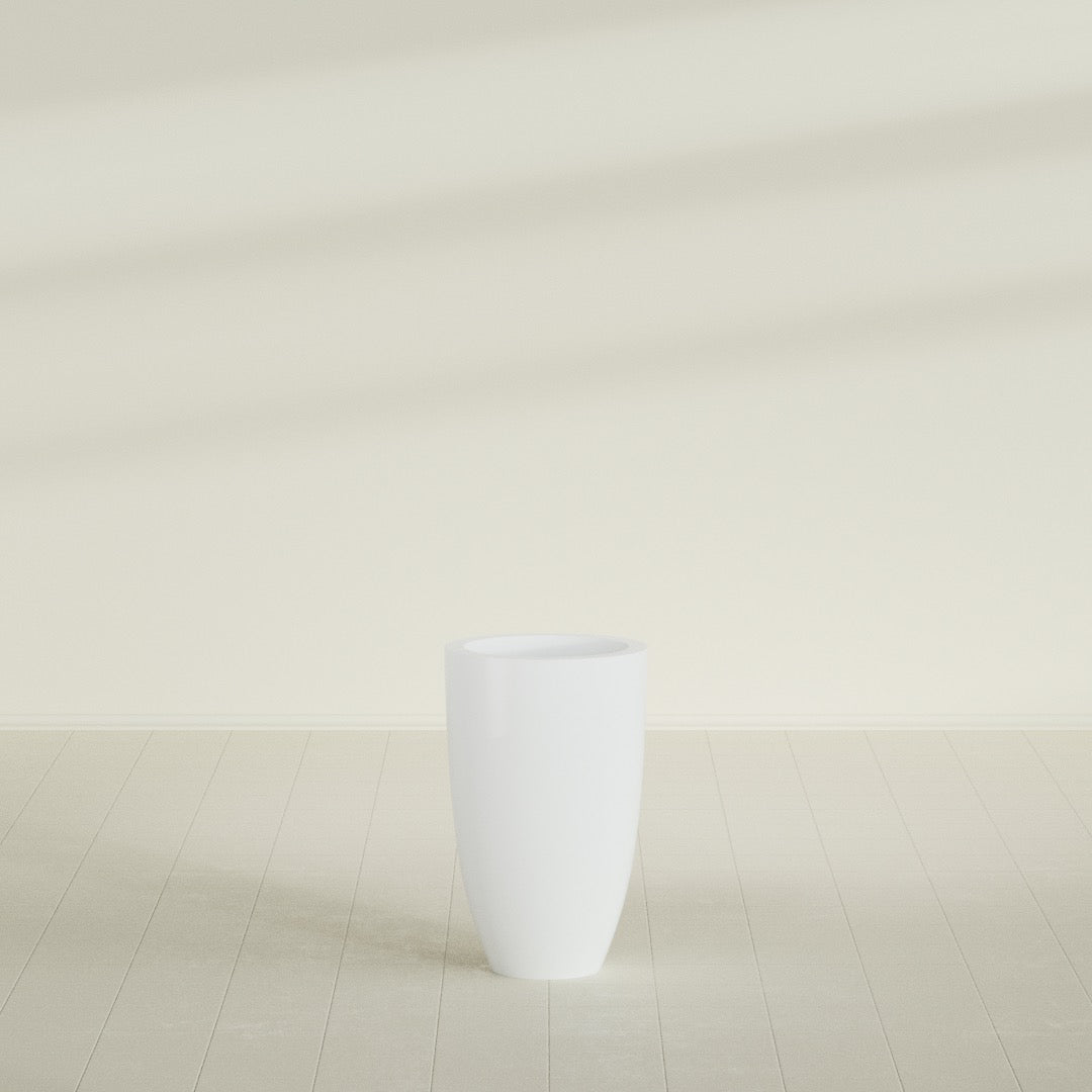 Brannan Tapered Round Planter in Matte Bright White, 18"D × 29"H, shown empty