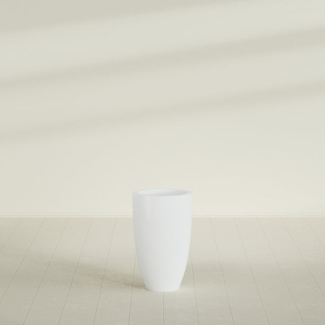 Brannan Tapered Round Planter in Matte Bright White, 18"D × 29"H, shown empty