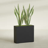 Perth Corner fiberglass planter in Matte Black, shown planted, in a sunlit interior
