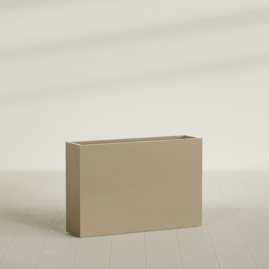 Delray Rectangular Planter in Gloss Metallic Gold, 48"L × 12"D × 32"H, shown empty