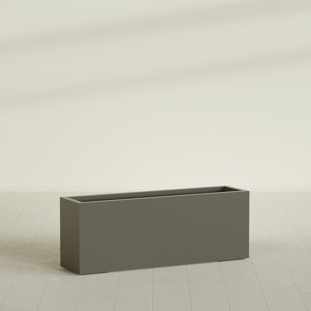 Miami Narrow Rectangular Planter in Matte Bronze, 48"L × 12"D × 18"H, shown empty