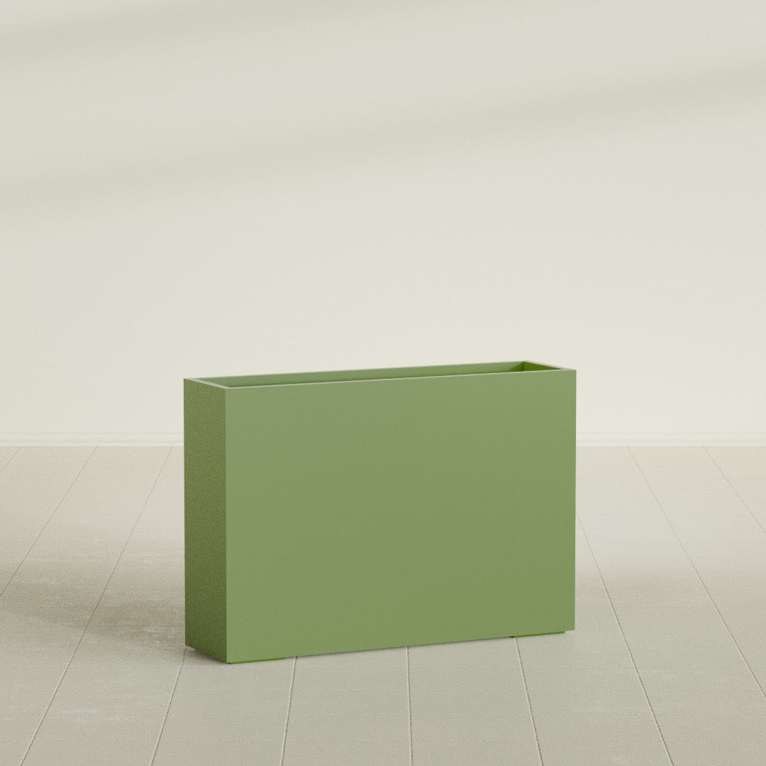Perth Rectangular Planter in Satin Green, 60"L × 16"D × 42"H, shown empty