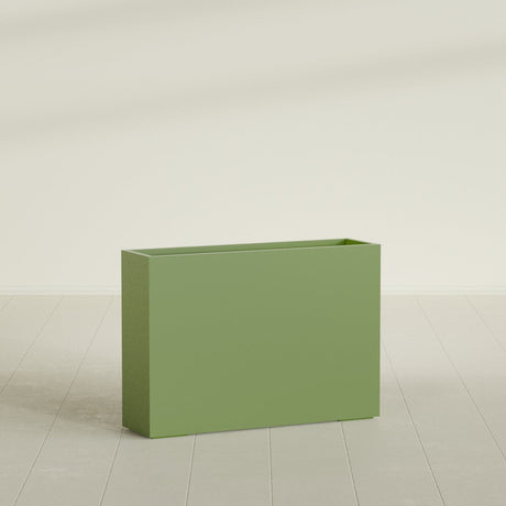 Perth Rectangular Planter in Satin Green, 60"L × 16"D × 42"H, shown empty