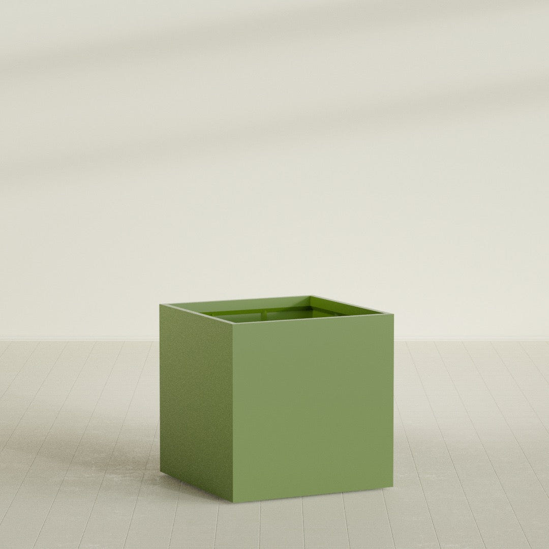 Montroy Cube Planter in Satin Green, 40", shown empty