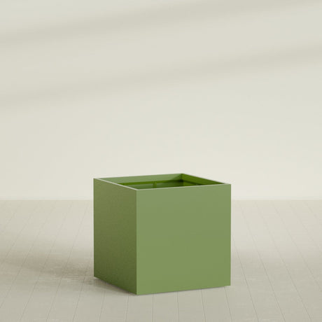 Montroy Cube Planter in Satin Green, 40", shown empty