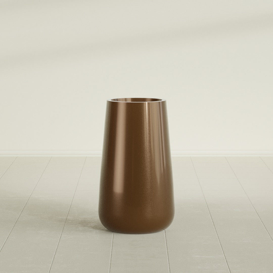 Saigon Tapered Round Planter in Metallic Bronze, 16"D × 36"H, shown empty