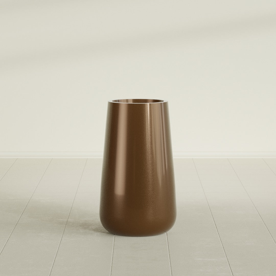Saigon Tapered Round Planter in Metallic Bronze, 16"D × 36"H, shown empty
