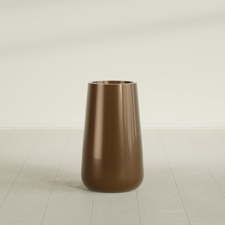 Saigon Tapered Round Planter in Metallic Bronze, 16"D × 36"H, shown empty