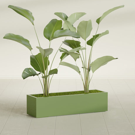 Cuba Low Rectangular fiberglass planter in Satin Green, shown planted, in a sunlit interior
