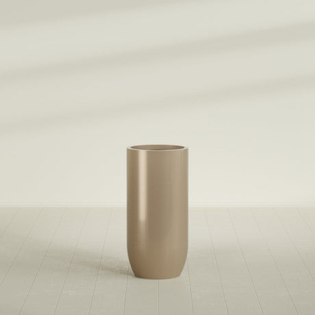 Saint Tropez Bullet Round Planter in Gloss Metallic Gold, 24"D × 50"H, shown empty