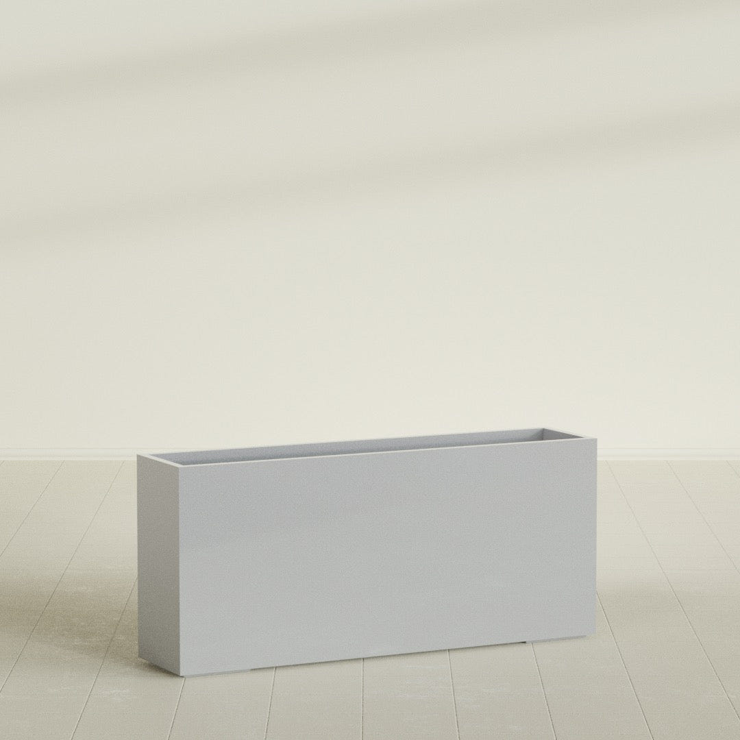 Potsdam Rectangular Planter in Metallic Silver, 72"L × 16"D × 32"H, shown empty