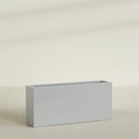 Potsdam Rectangular Planter in Metallic Silver, 72"L × 16"D × 32"H, shown empty