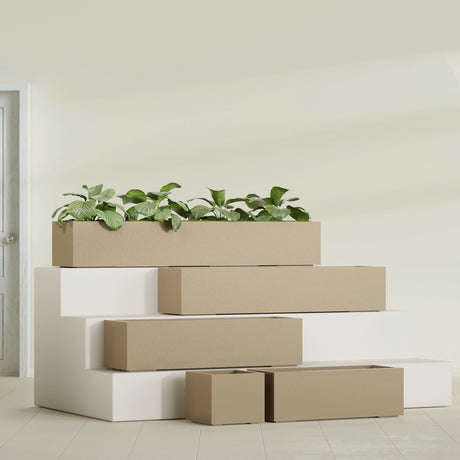 Cuba Low Rectangular fiberglass planter in Gloss Metallic Gold, size range, in a sunlit interior