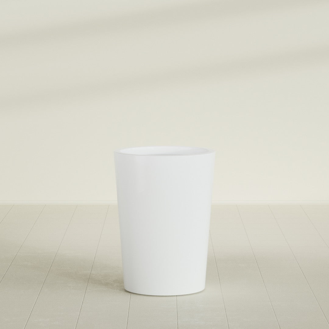 Tegel Round Tapered Planter in Matte Bright White, 22"D × 30"H, shown empty