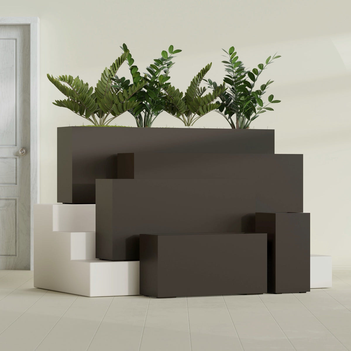 Hollywood Narrow Rectangular fiberglass planter in Matte Dark Brown, size range, in a sunlit interior