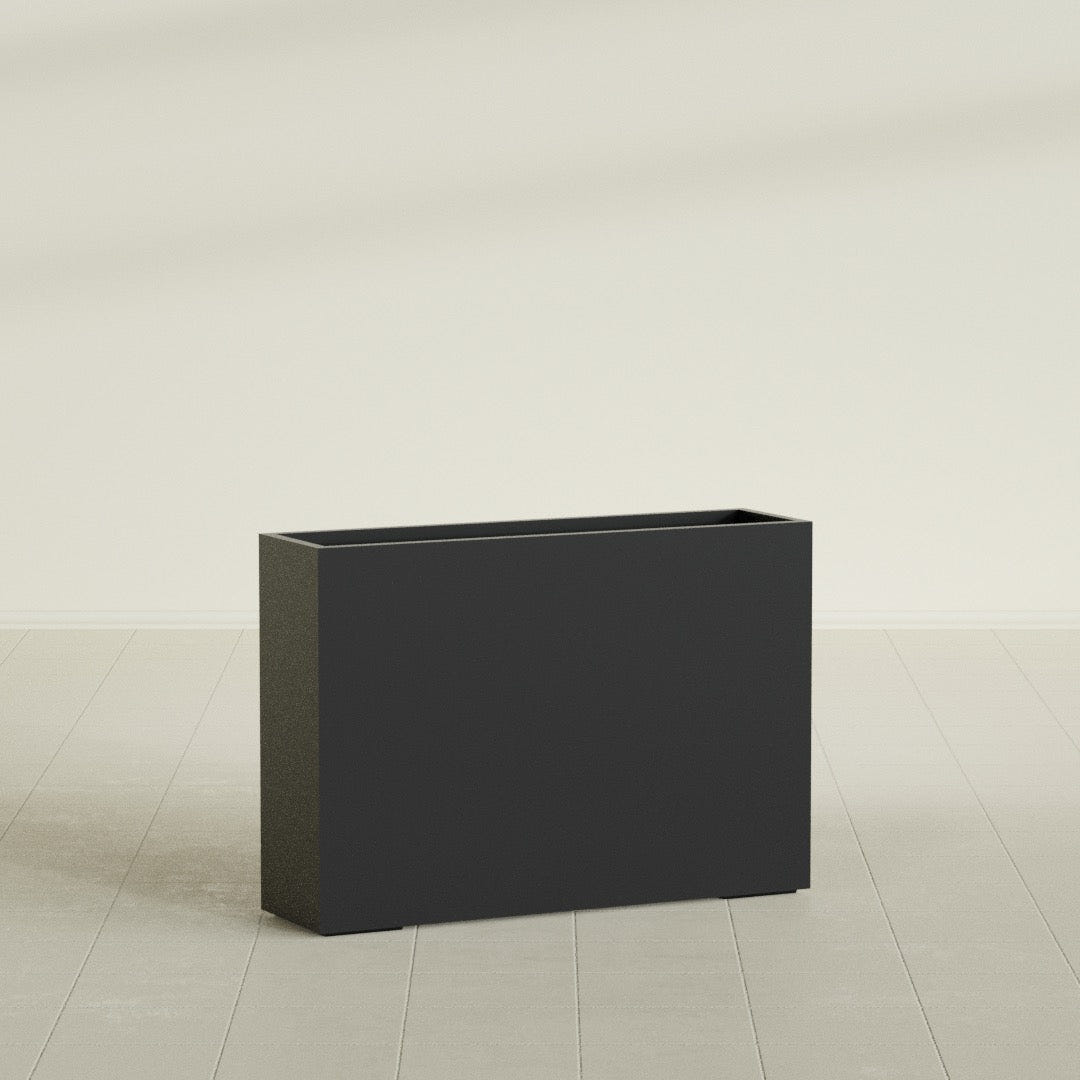 Perth Rectangular Planter in Matte Black, 60"L × 16"D × 42"H, shown empty