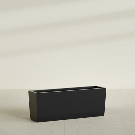 Panama Tapered Rectangular Planter in Matte Black, 48"L × 12"D × 18"H, shown empty