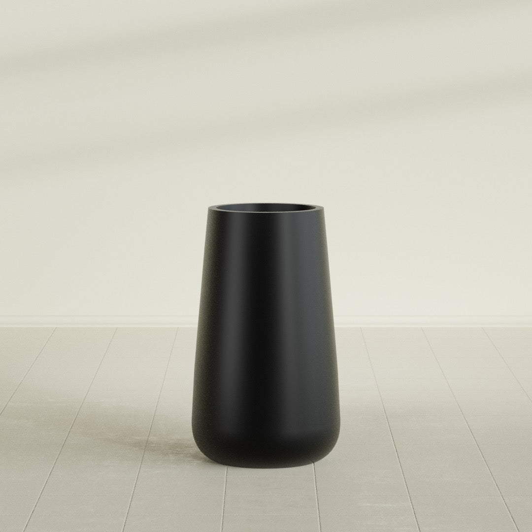 Saigon Tapered Round Planter in Matte Black, 19"D × 42"H, shown empty
