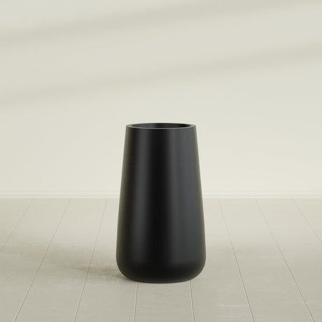 Saigon Tapered Round Planter in Matte Black, 19"D × 42"H, shown empty