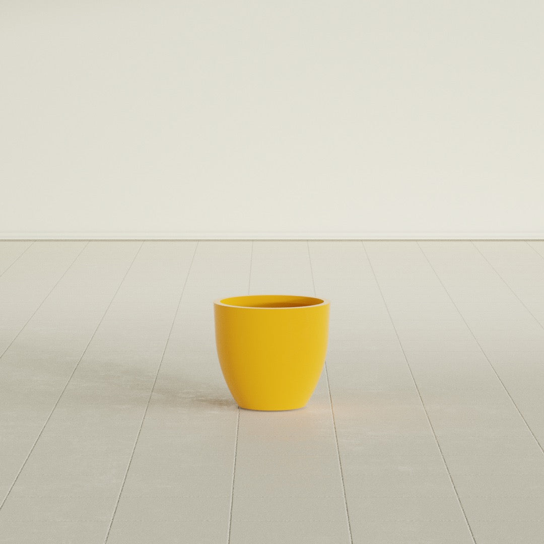 Wannsee Round Planter in Gloss Saffron, 15"D × 13"H, shown empty