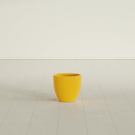 Wannsee Round Planter in Gloss Saffron, 15"D × 13"H, shown empty