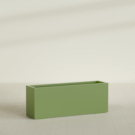 Miami Narrow Rectangular Planter in Satin Green, 48"L × 12"D × 18"H, shown empty