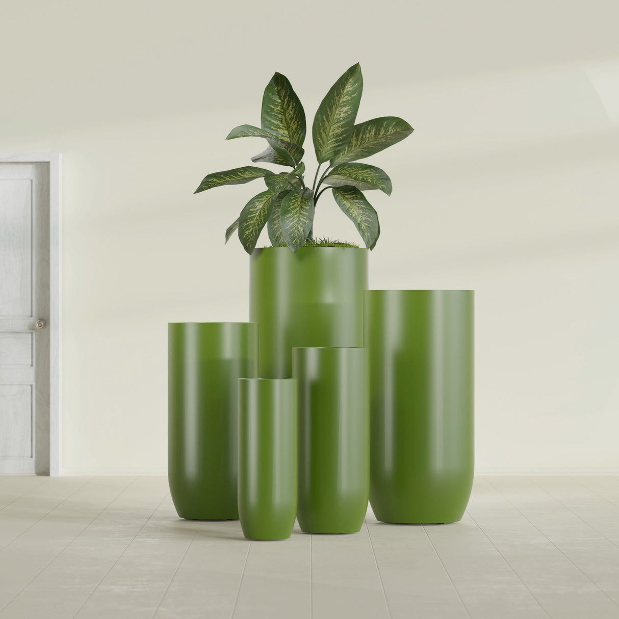 Saint Tropez Bullet Round Planter in Satin Green, 28"D × 60"H, shown empty