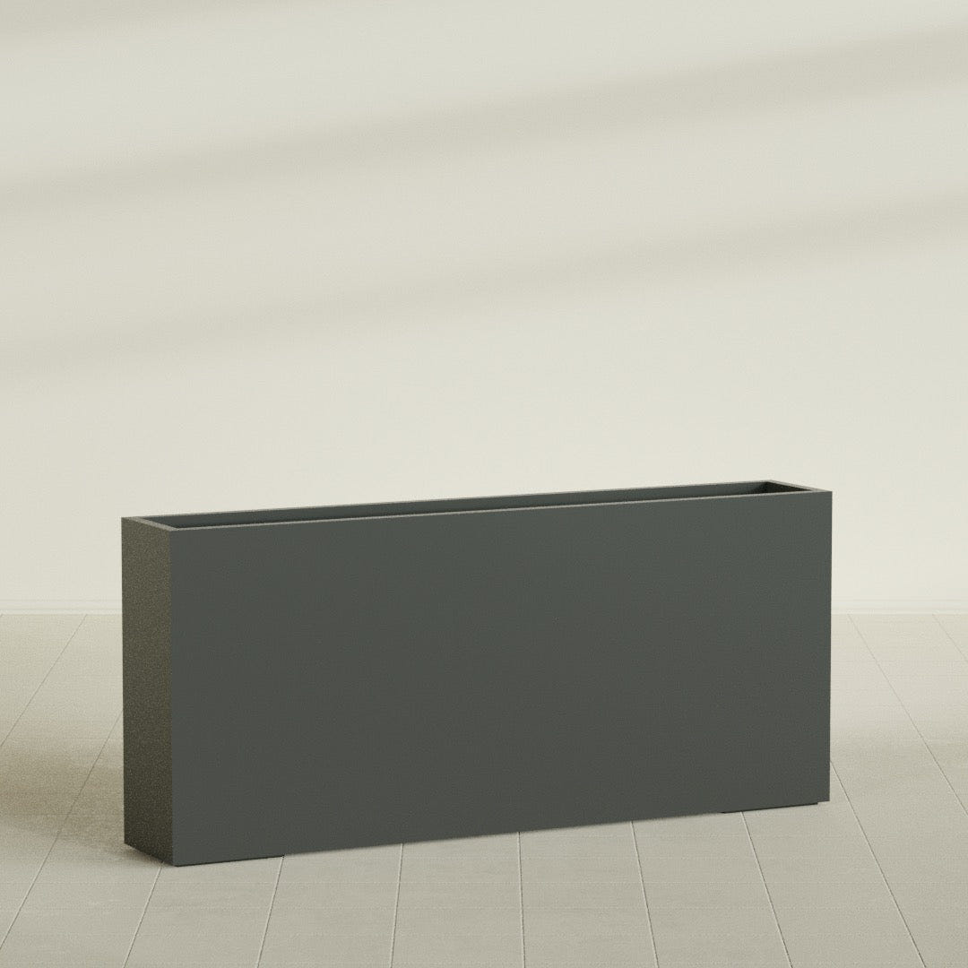 Delray Rectangular Planter in Matte Charcoal, 72"L × 12"D × 32"H, shown empty