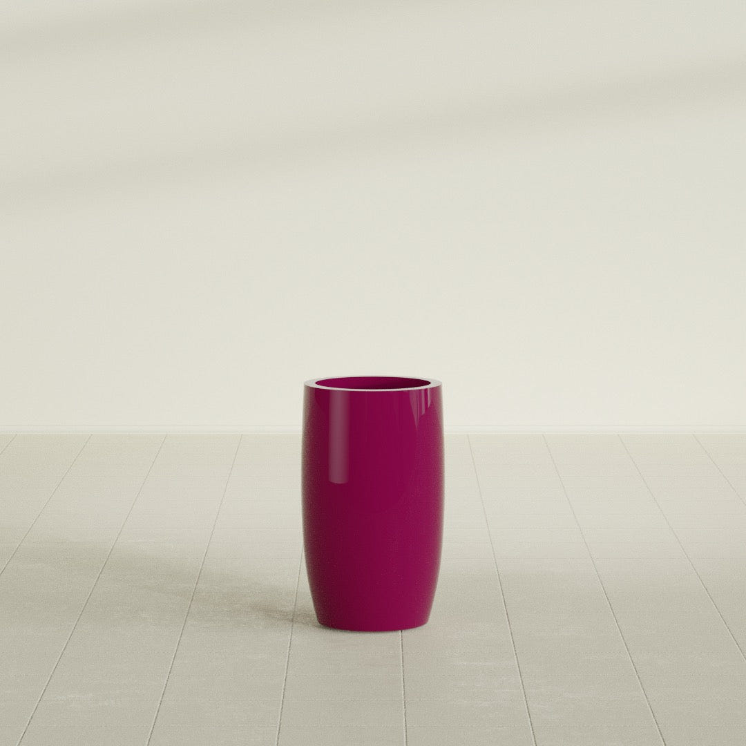 Lisbon tall round tapered fiberglass planter in Gloss Eggplant, 14 in diameter, 25 in high, shown empty