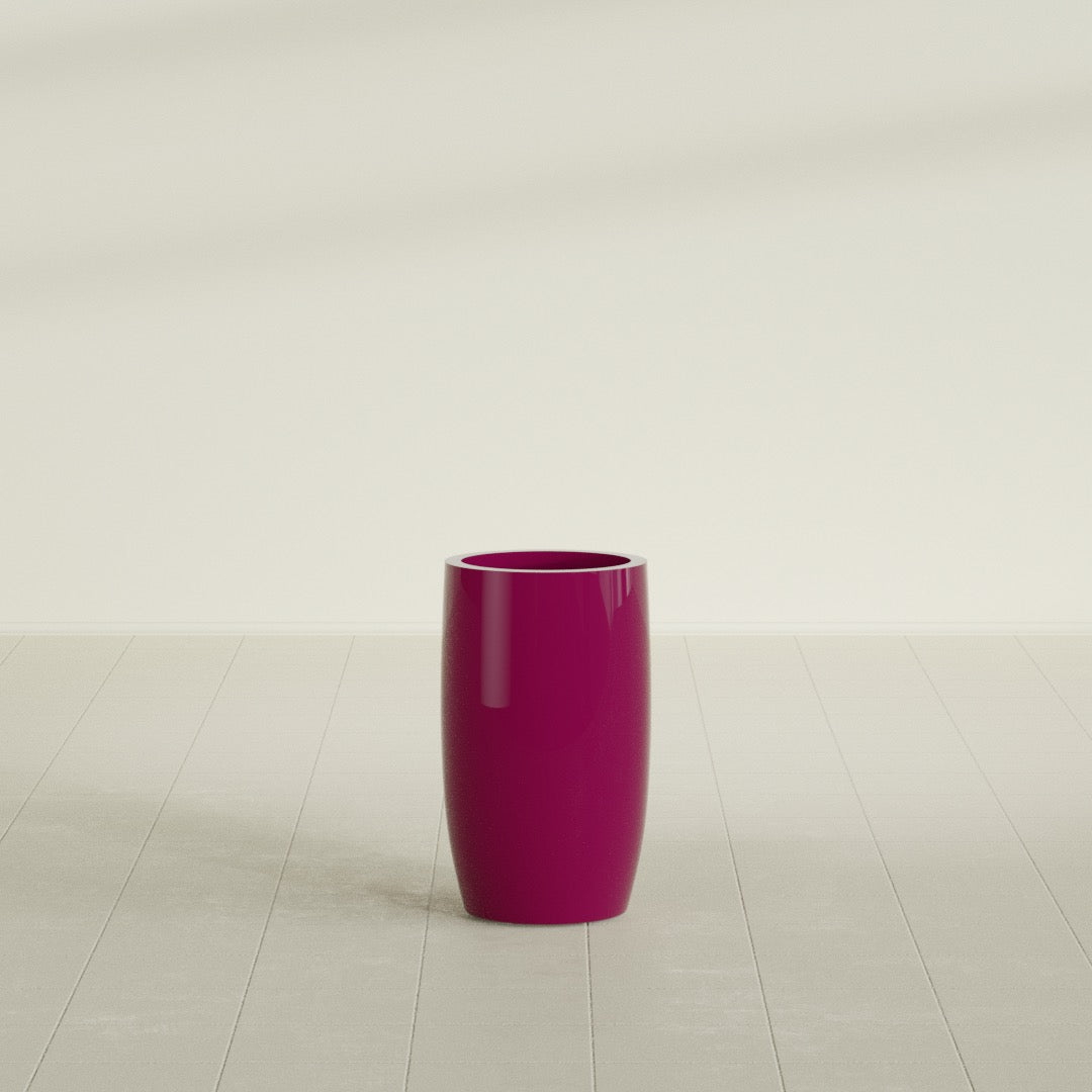Lisbon tall round tapered fiberglass planter in Gloss Eggplant, 14 in diameter, 25 in high, shown empty