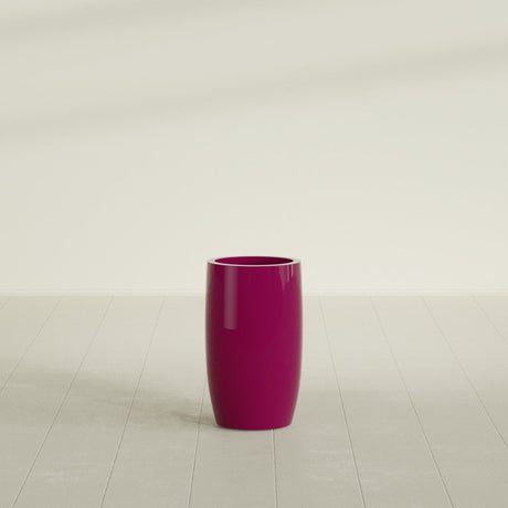 Lisbon tall round tapered fiberglass planter in Gloss Eggplant, 14 in diameter, 25 in high, shown empty