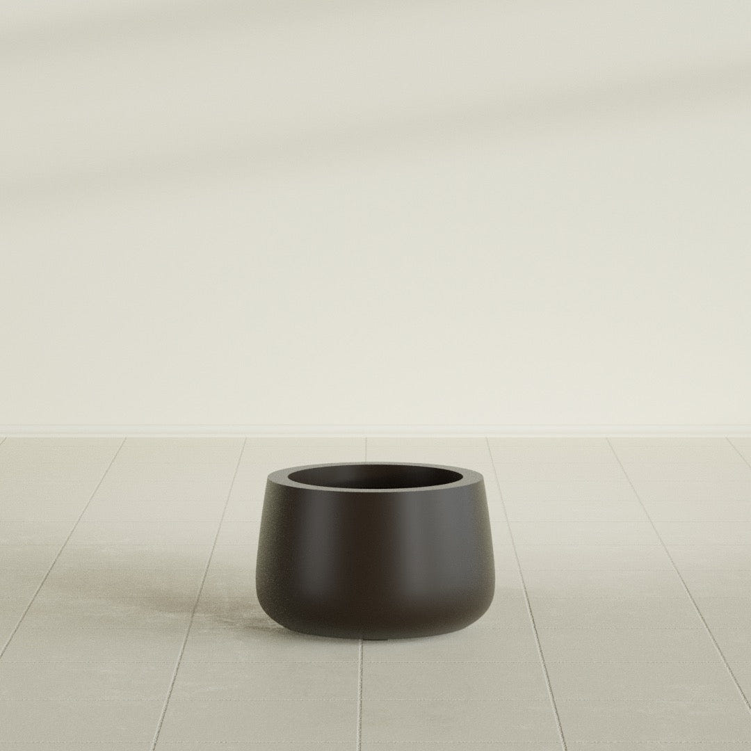 Short Hayden Bowl Planter in Matte Dark Brown, 12"D × 7"H, shown empty